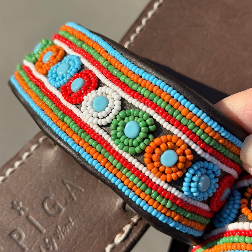 Aspiga Brown Leather Hand Crafted Beaded Toe Loop Sandals Boho Hippie Slides 39 - Picture 2 of 8
